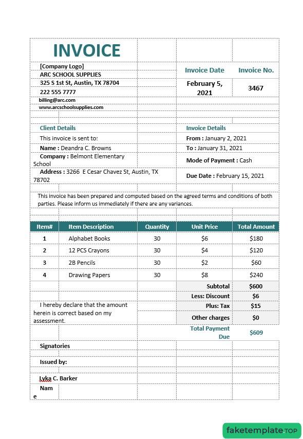 Feature of fake School Supply Order invoice example